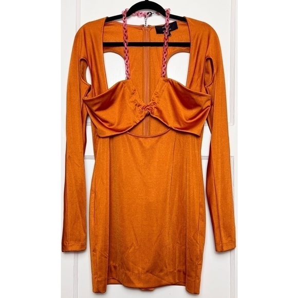 DUNDAS REVOLVE Chain Halter Sweetheart Neck Long Sleeve Cutout Bodycon Dress L - Picture 3 of 10